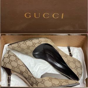 Gucci Guccissima Canvas Bamboo Heel Pumps, Size 8